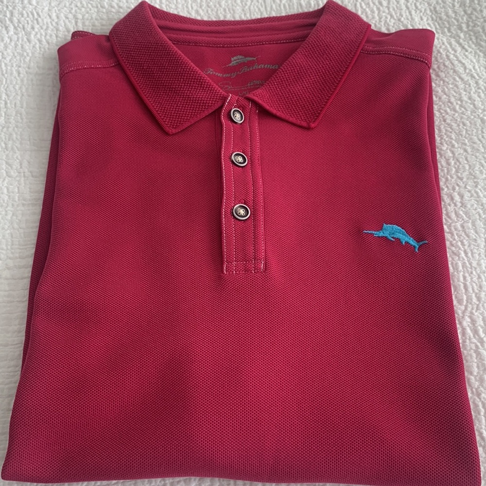 Tommy Bahama men’s polo, raspberry, great condition, 62% cotton/35% polyester